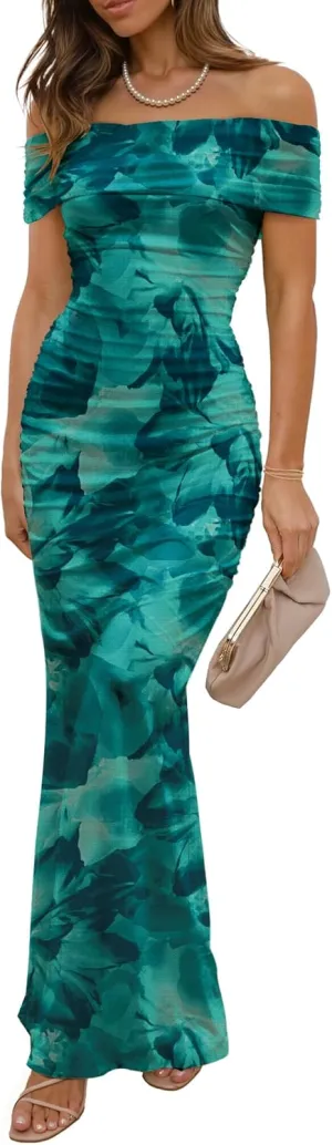 Women's Mesh Floral Maxi Dress 2025 Summer Off The Shoulder Ruched Bodycon Long Cocktail Party Fitted Dresses