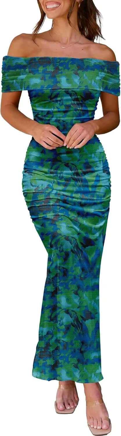 Women's Mesh Floral Maxi Dress 2025 Summer Off The Shoulder Ruched Bodycon Long Cocktail Party Fitted Dresses