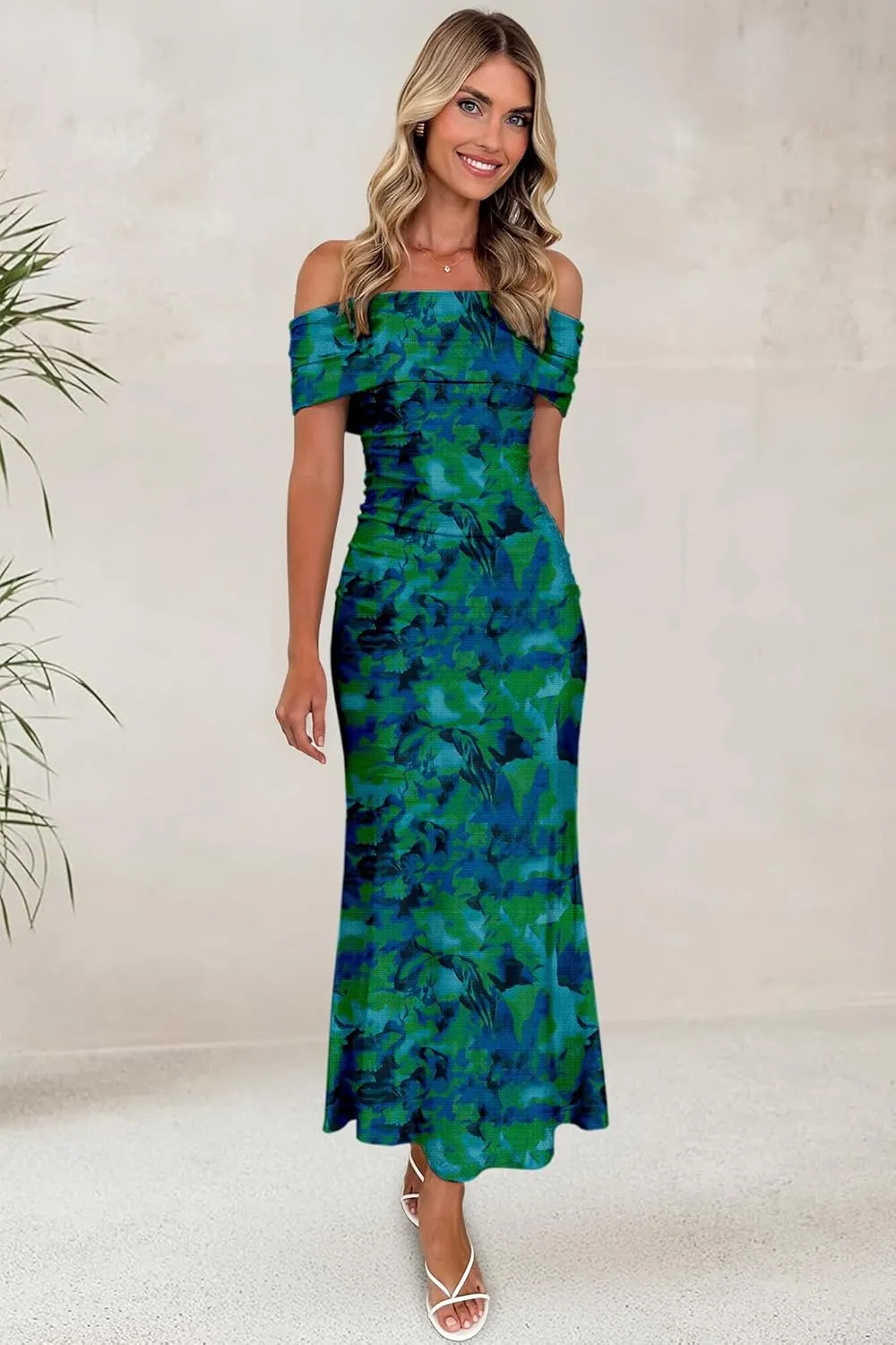 Women's Mesh Floral Maxi Dress 2025 Summer Off The Shoulder Ruched Bodycon Long Cocktail Party Fitted Dresses