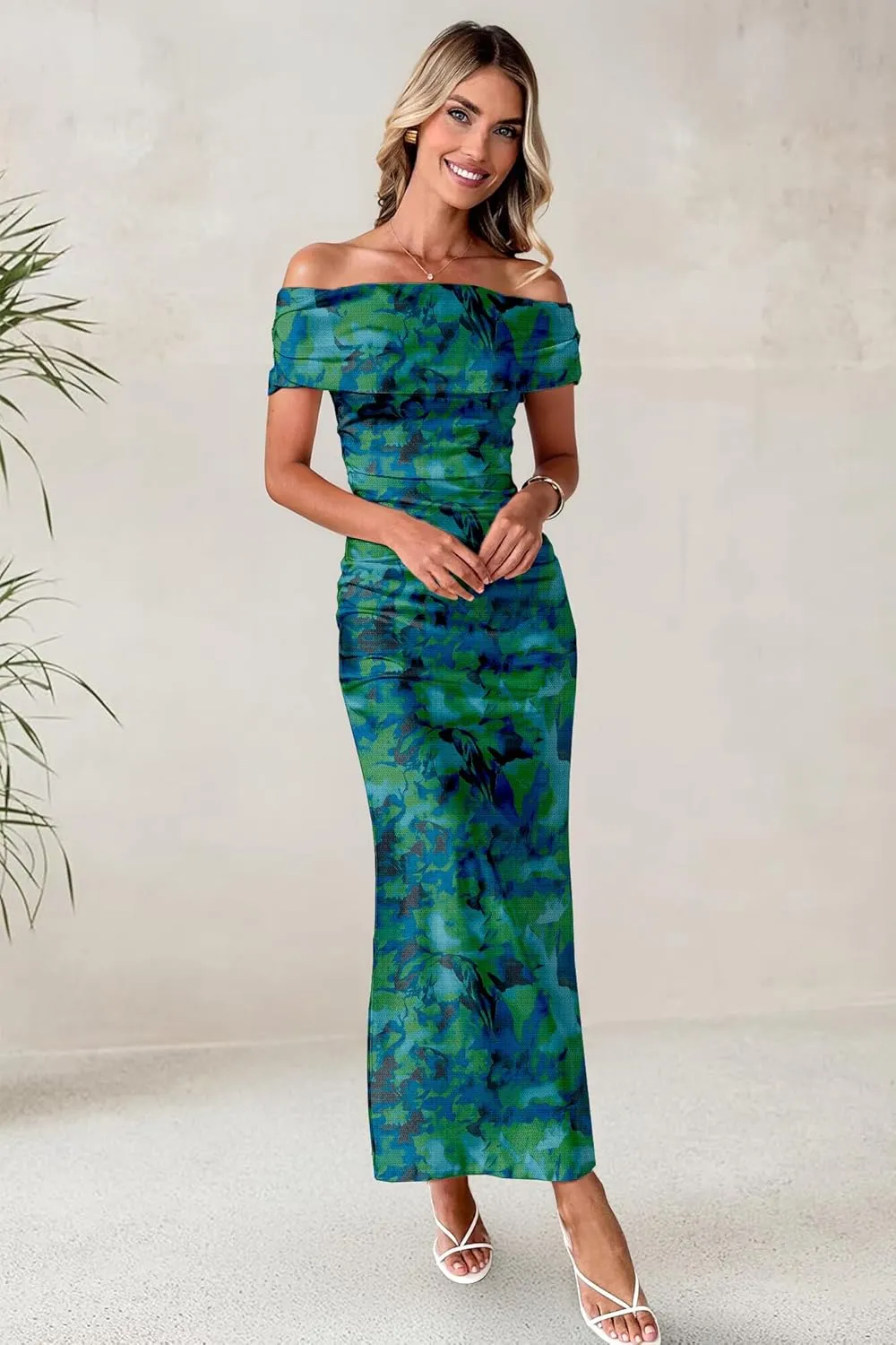 Women's Mesh Floral Maxi Dress 2025 Summer Off The Shoulder Ruched Bodycon Long Cocktail Party Fitted Dresses