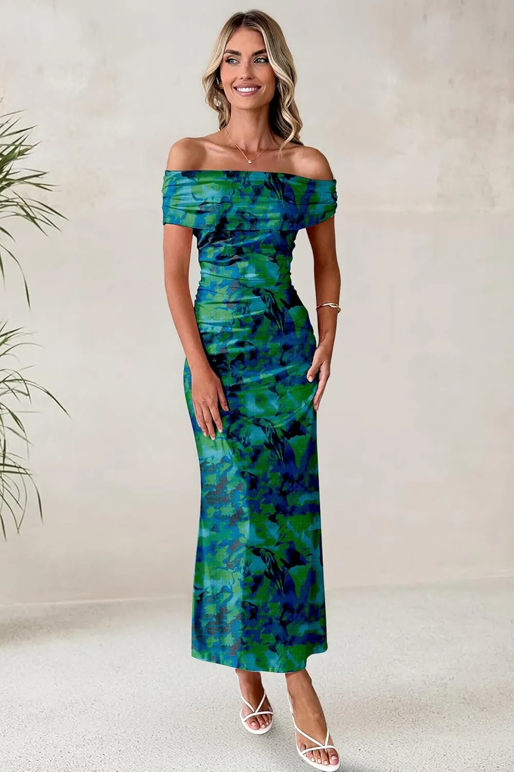 Women's Mesh Floral Maxi Dress 2025 Summer Off The Shoulder Ruched Bodycon Long Cocktail Party Fitted Dresses