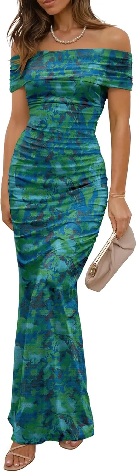 Women's Mesh Floral Maxi Dress 2025 Summer Off The Shoulder Ruched Bodycon Long Cocktail Party Fitted Dresses