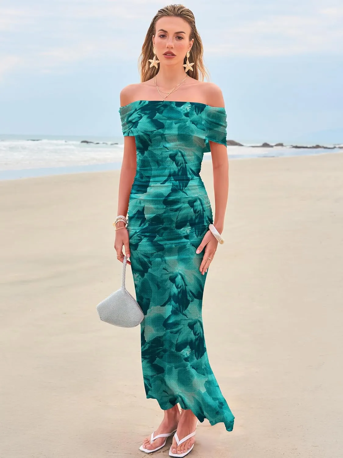 Women's Mesh Floral Maxi Dress 2025 Summer Off The Shoulder Ruched Bodycon Long Cocktail Party Fitted Dresses