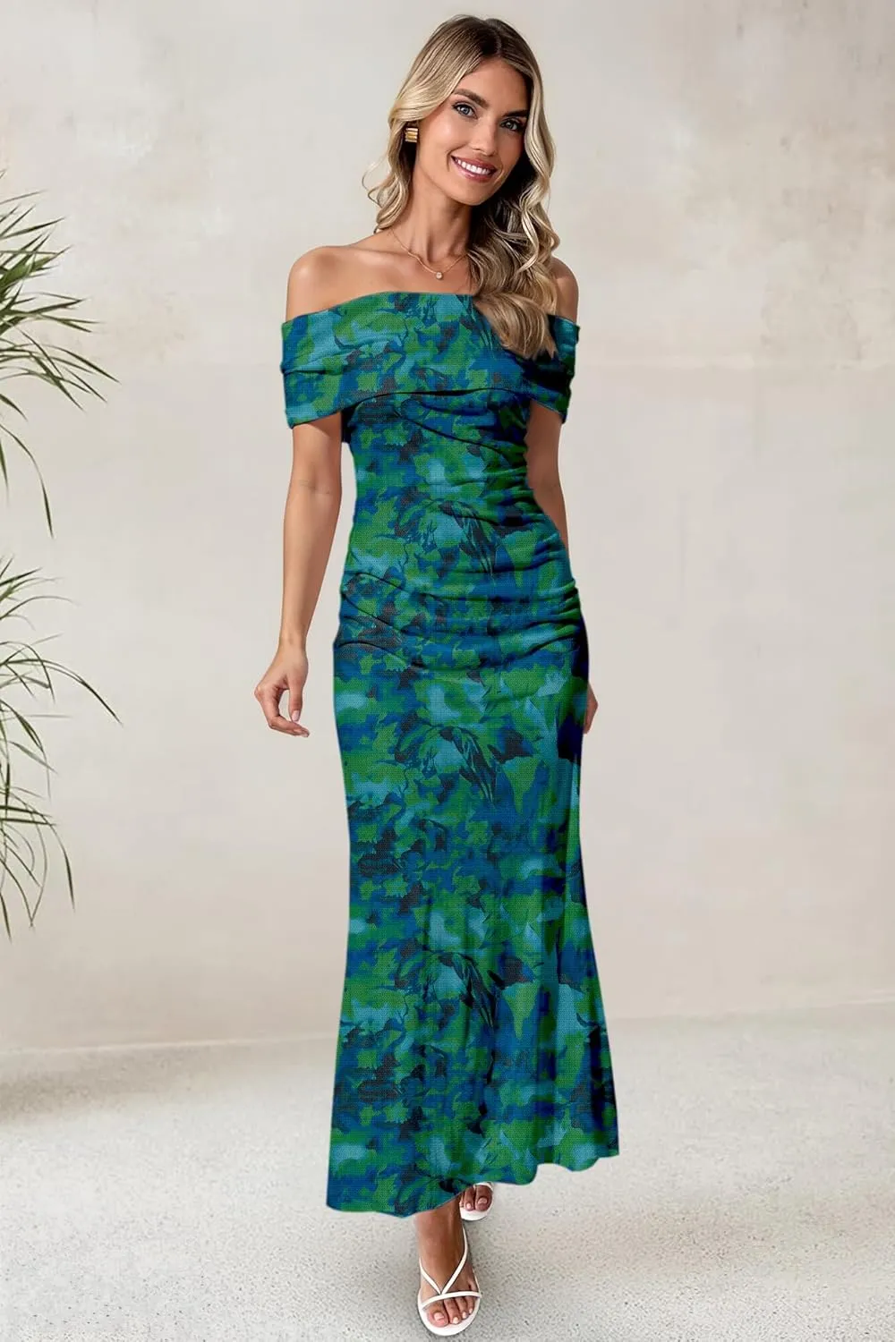 Women's Mesh Floral Maxi Dress 2025 Summer Off The Shoulder Ruched Bodycon Long Cocktail Party Fitted Dresses