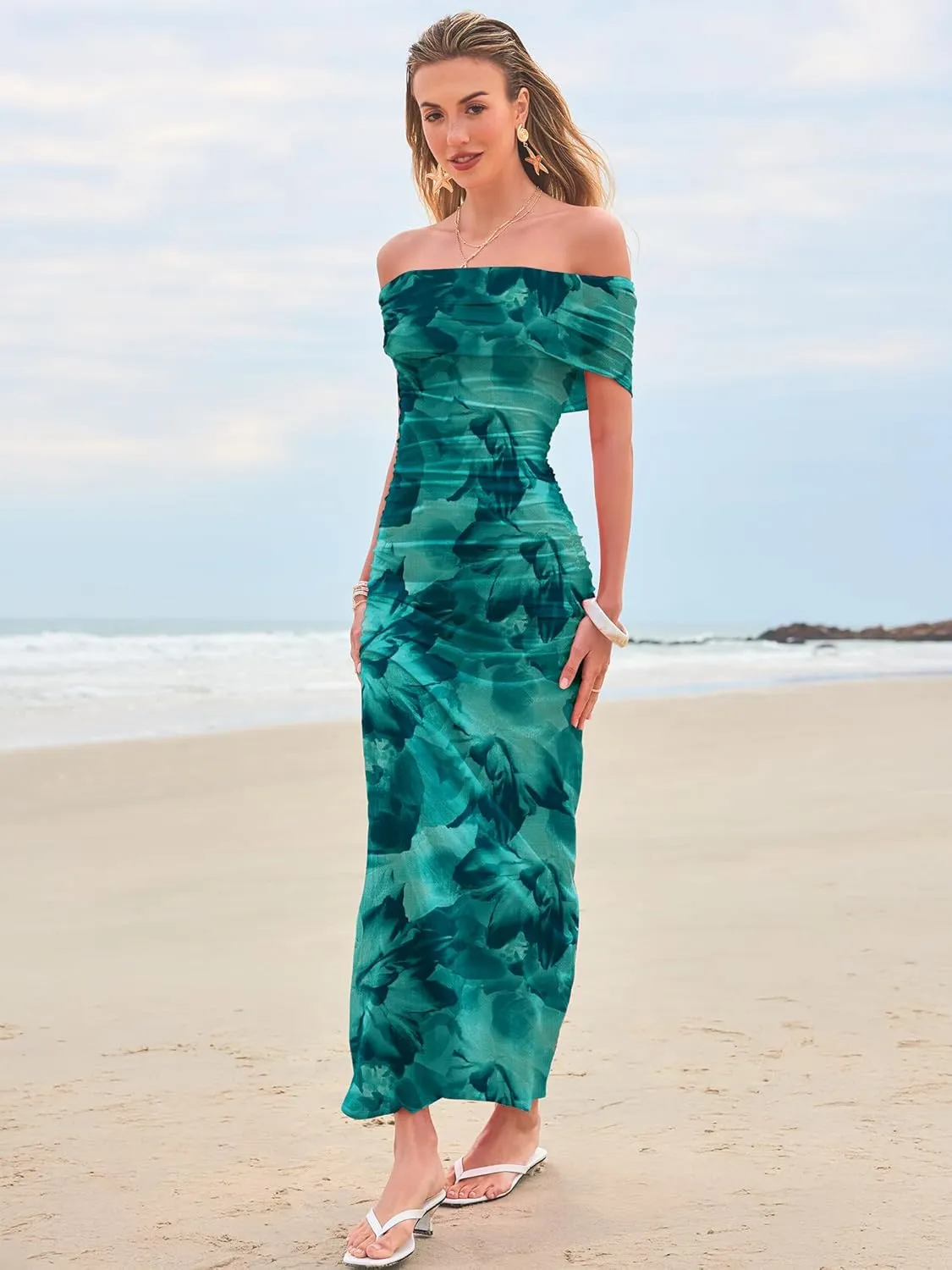 Women's Mesh Floral Maxi Dress 2025 Summer Off The Shoulder Ruched Bodycon Long Cocktail Party Fitted Dresses