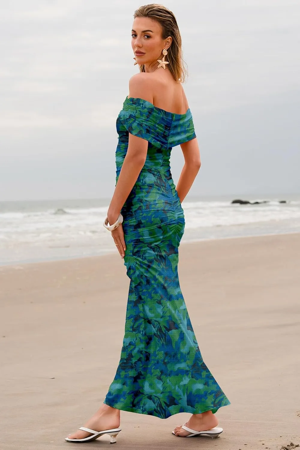 Women's Mesh Floral Maxi Dress 2025 Summer Off The Shoulder Ruched Bodycon Long Cocktail Party Fitted Dresses