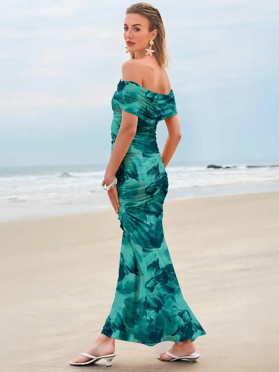 Women's Mesh Floral Maxi Dress 2025 Summer Off The Shoulder Ruched Bodycon Long Cocktail Party Fitted Dresses