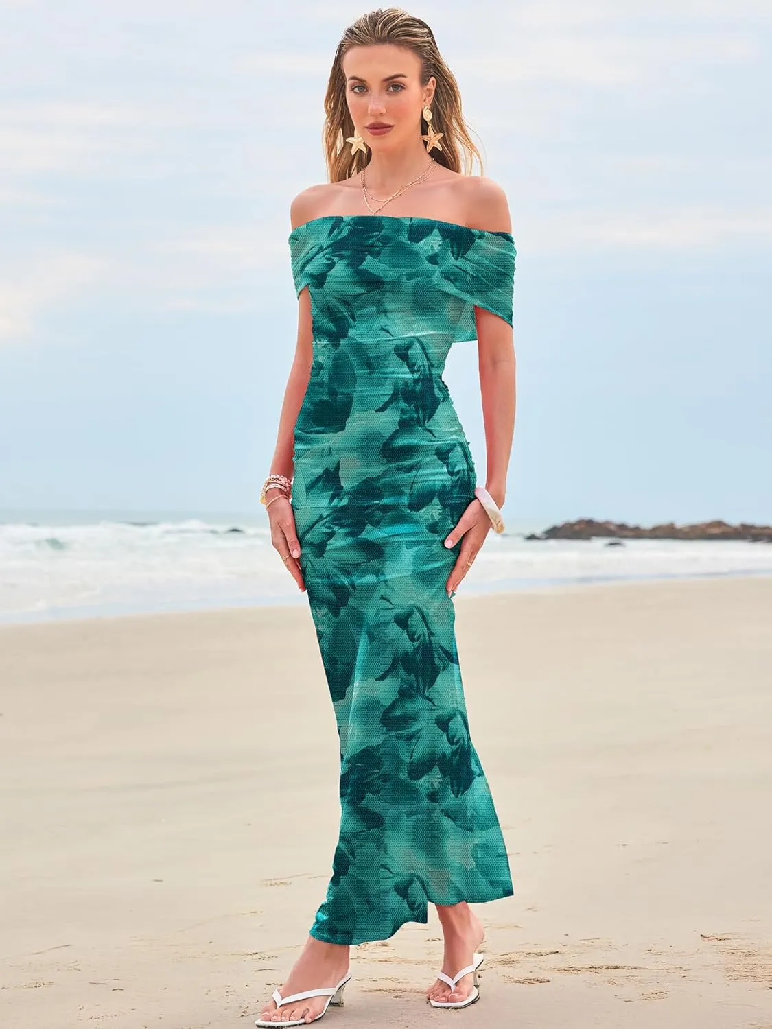 Women's Mesh Floral Maxi Dress 2025 Summer Off The Shoulder Ruched Bodycon Long Cocktail Party Fitted Dresses