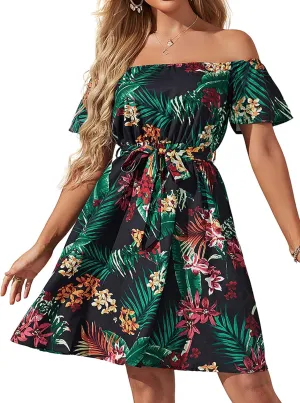 Womens Off Shoulder Ruffle Floral Summer Wedding Guest Dresses A Line Shift Short Skater Dress with Belt
