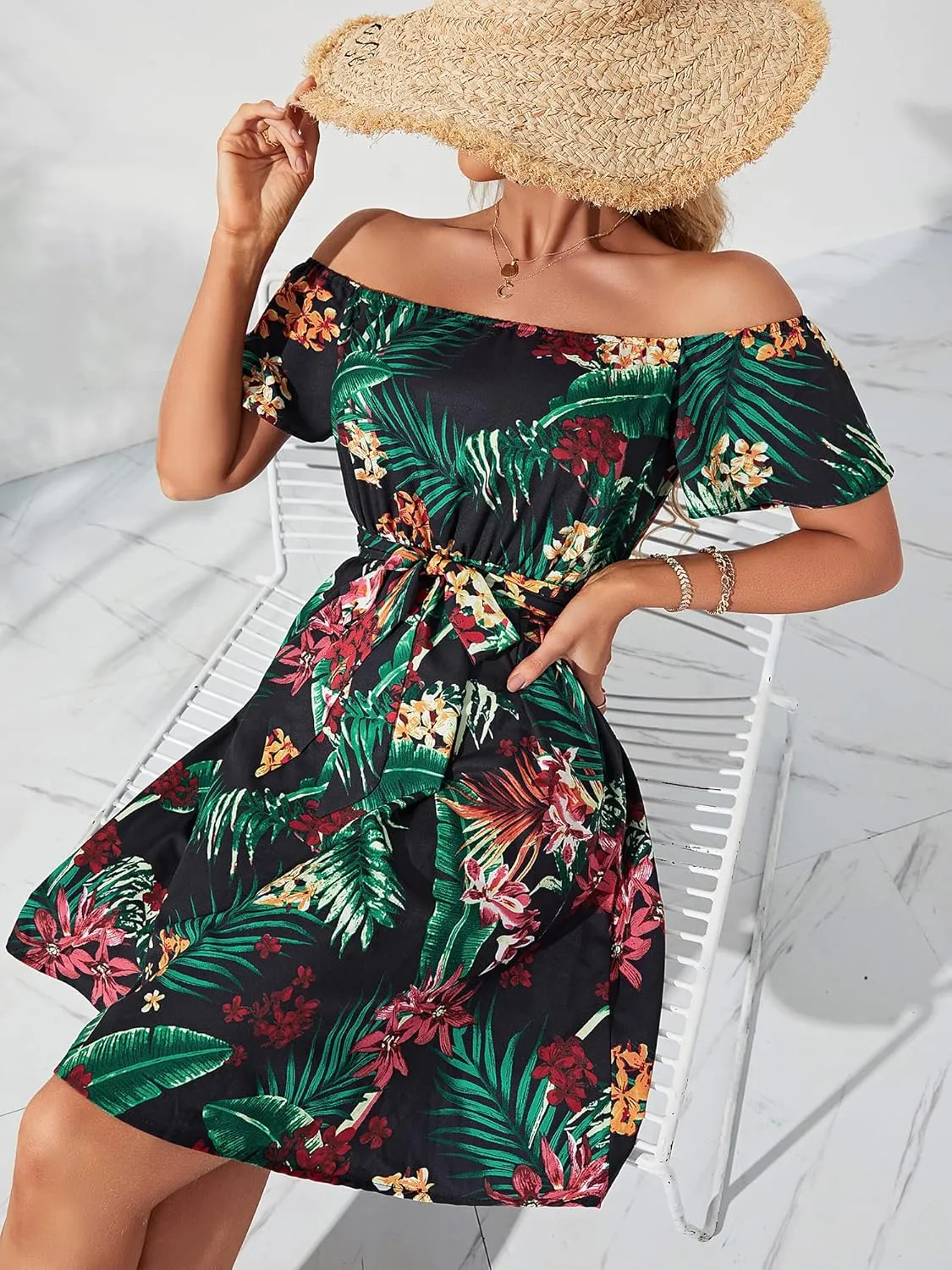 Womens Off Shoulder Ruffle Floral Summer Wedding Guest Dresses A Line Shift Short Skater Dress with Belt