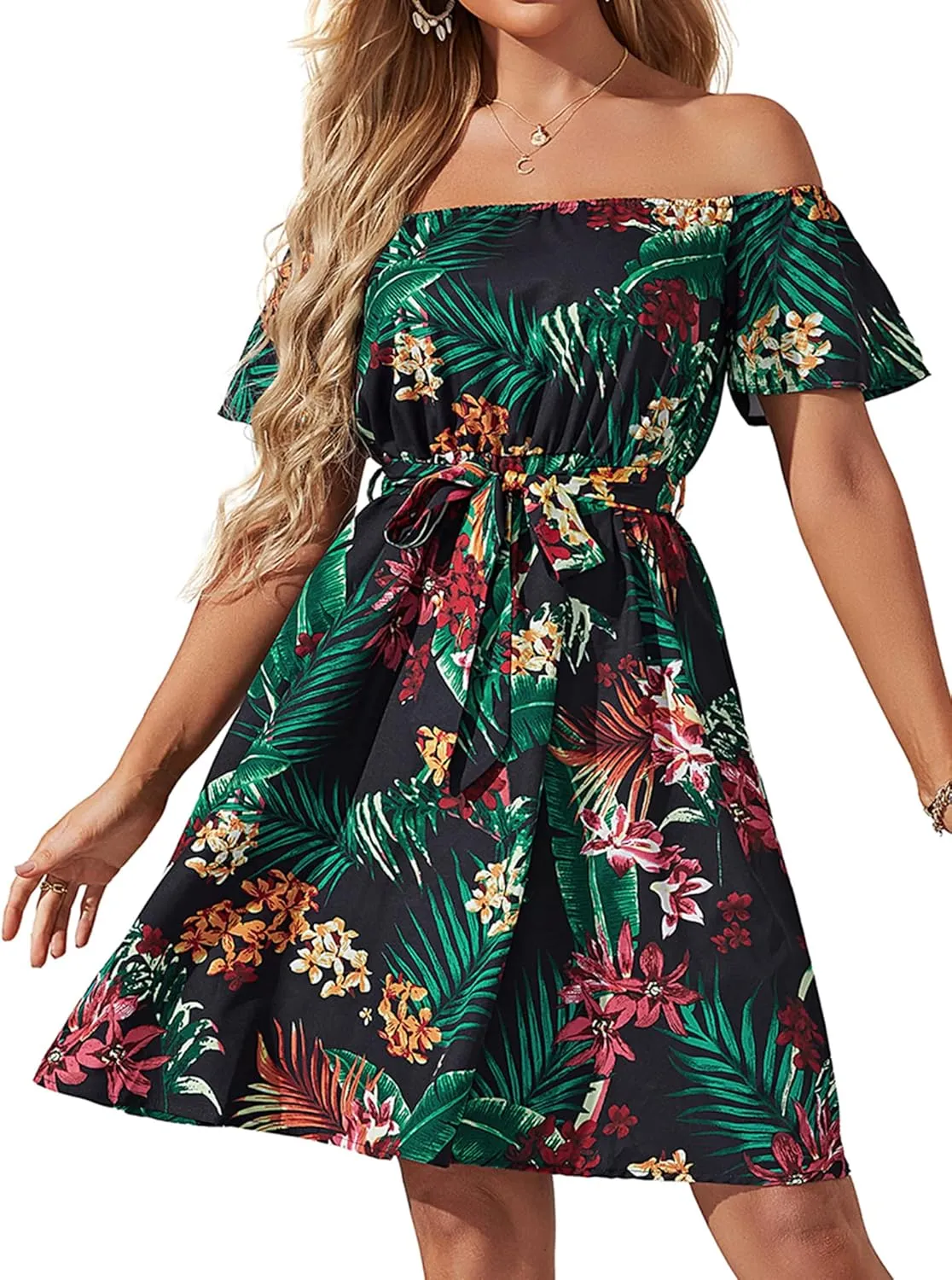 Womens Off Shoulder Ruffle Floral Summer Wedding Guest Dresses A Line Shift Short Skater Dress with Belt