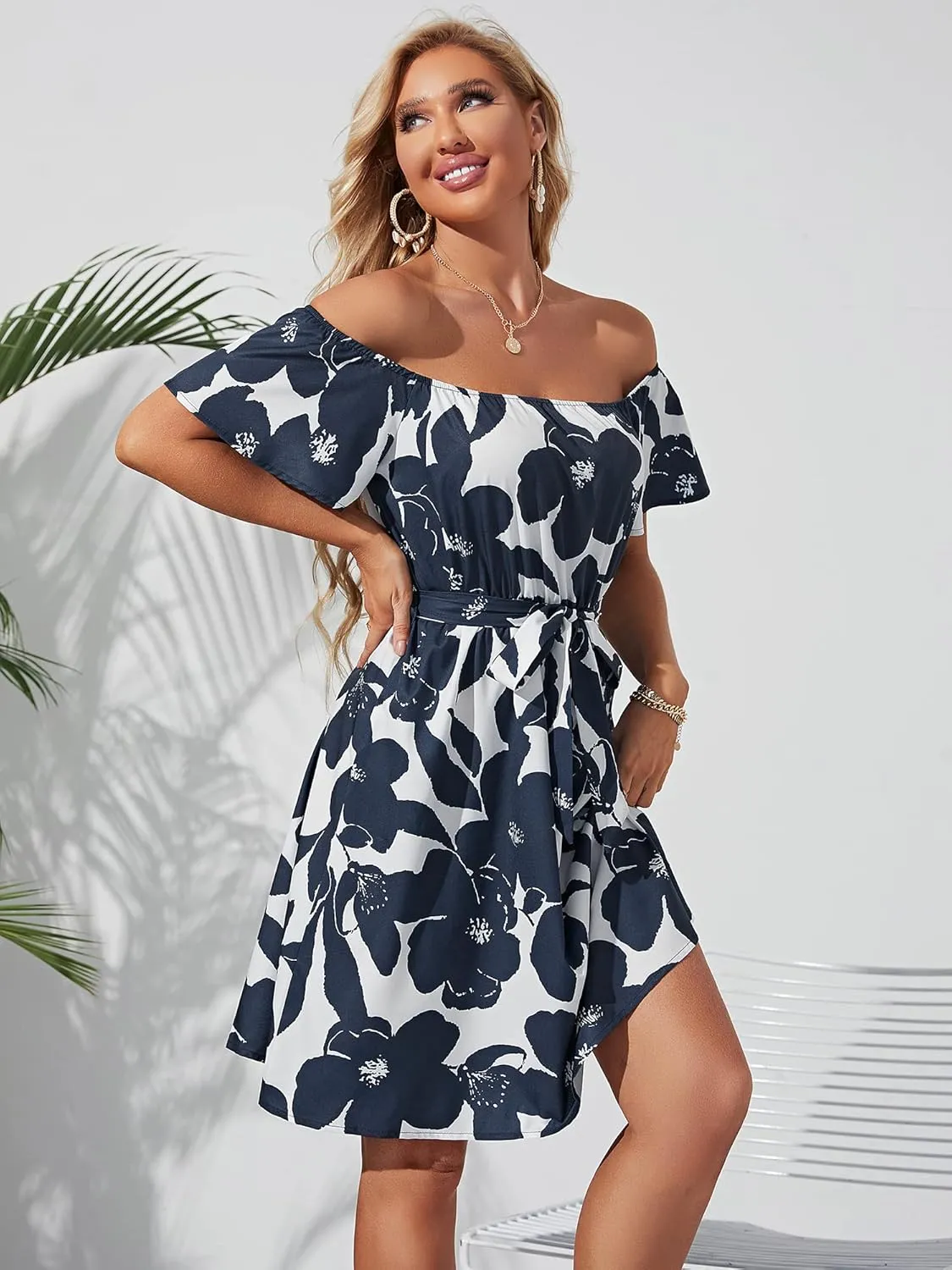 Womens Off Shoulder Ruffle Floral Summer Wedding Guest Dresses A Line Shift Short Skater Dress with Belt