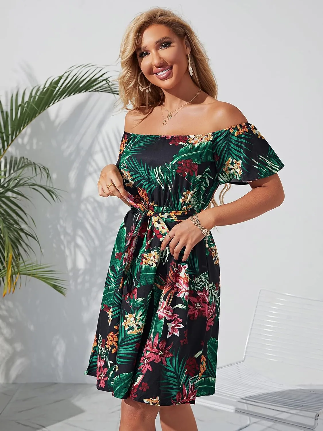 Womens Off Shoulder Ruffle Floral Summer Wedding Guest Dresses A Line Shift Short Skater Dress with Belt