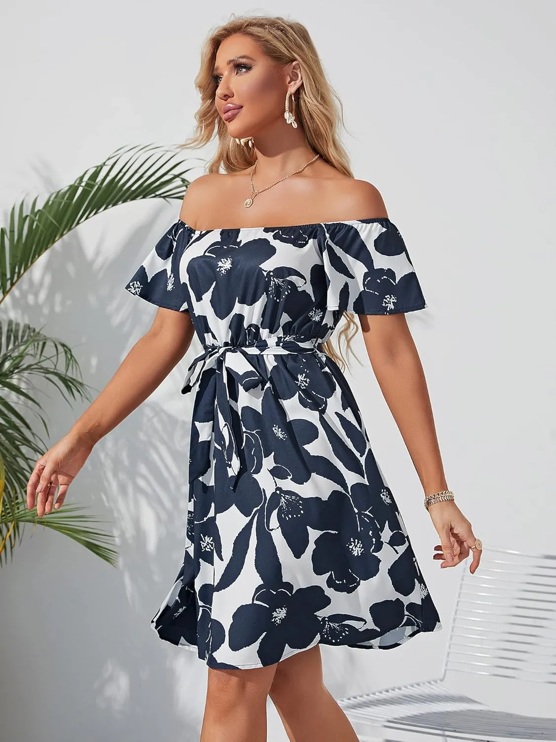 Womens Off Shoulder Ruffle Floral Summer Wedding Guest Dresses A Line Shift Short Skater Dress with Belt