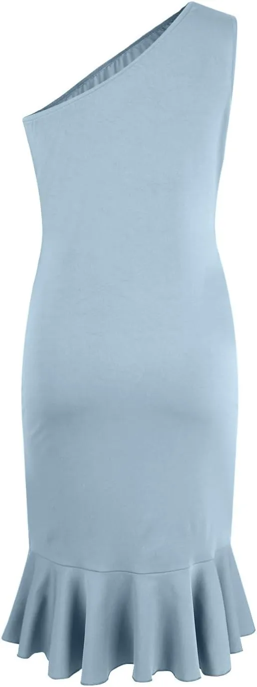 Womens One Shoulder Ruffle Formal Dress Sexy Summer Sleeveless Bodycon Ruched Wrap Split Cocktail Dresses