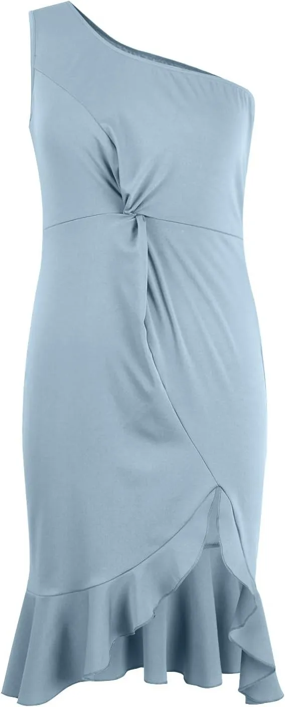 Womens One Shoulder Ruffle Formal Dress Sexy Summer Sleeveless Bodycon Ruched Wrap Split Cocktail Dresses
