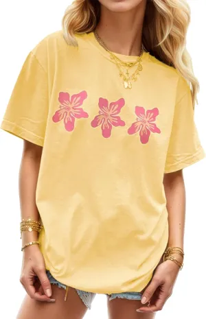 Women's Oversized Vintage Floral Graphic Tops with Ruffle Hem Y2K Retro Baggy Tee Summer Casual Streetwear T-Shirt