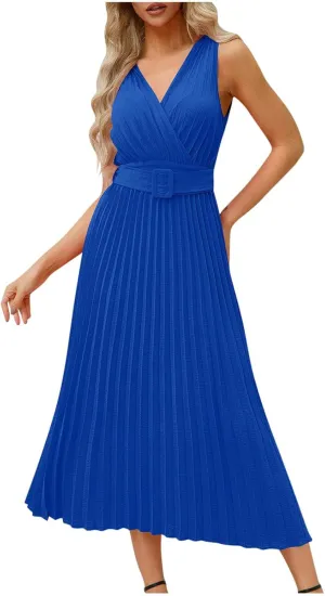 Womens Pleated Flowy Long Dress Belted A-Line Dress Summer Vacation Beach Long Dress Wedding Gueste Party Dresses