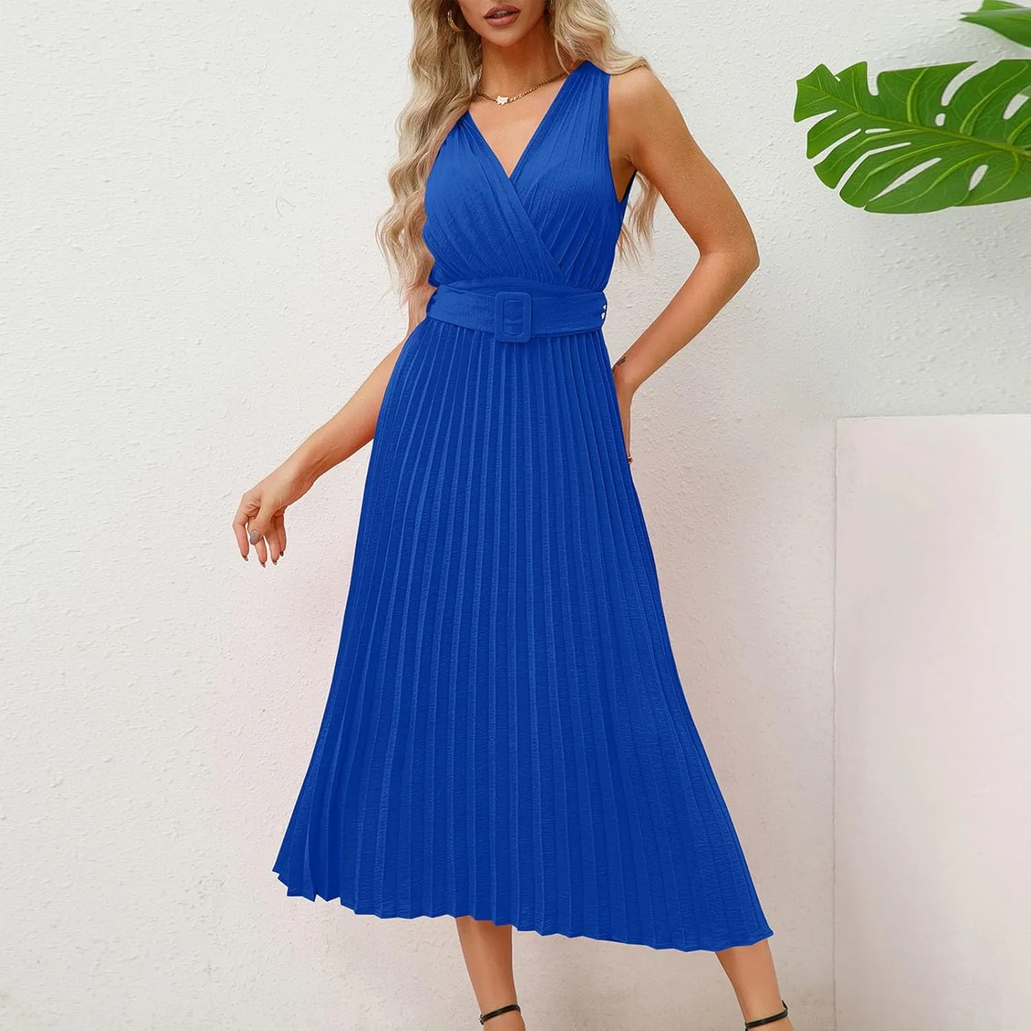 Womens Pleated Flowy Long Dress Belted A-Line Dress Summer Vacation Beach Long Dress Wedding Gueste Party Dresses