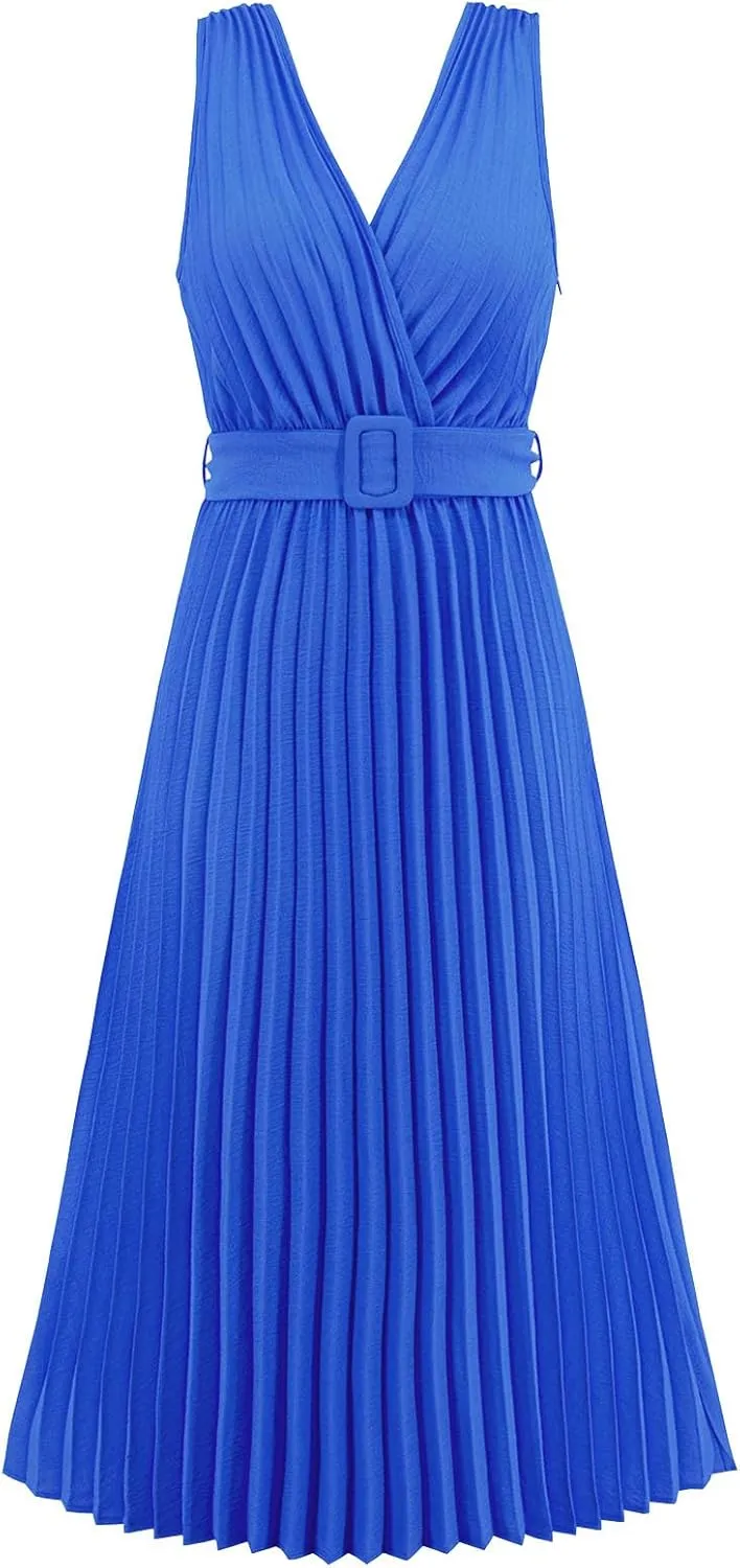 Womens Pleated Flowy Long Dress Belted A-Line Dress Summer Vacation Beach Long Dress Wedding Gueste Party Dresses