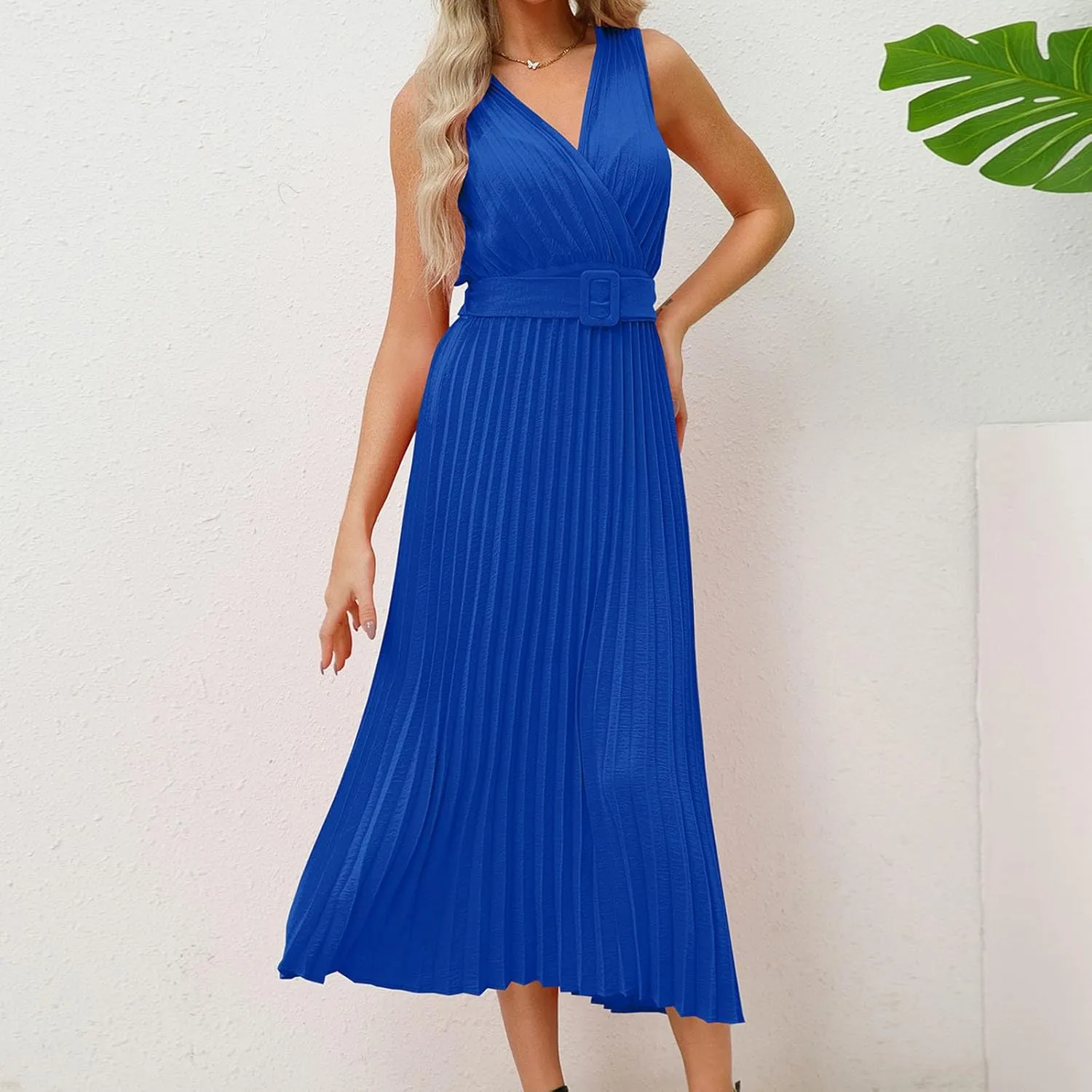 Womens Pleated Flowy Long Dress Belted A-Line Dress Summer Vacation Beach Long Dress Wedding Gueste Party Dresses