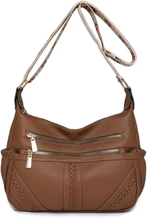 women's retro wide shoulder strap multi-layer zipper PU material single shoulder crossbody bag casual bag