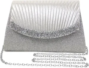 Women's rhinestone handbag, fashionable evening gown party shiny wallet, formal chain shoulder bag, suitable for women's wedding banquets, birthday parties, cocktail parties (silvery)
