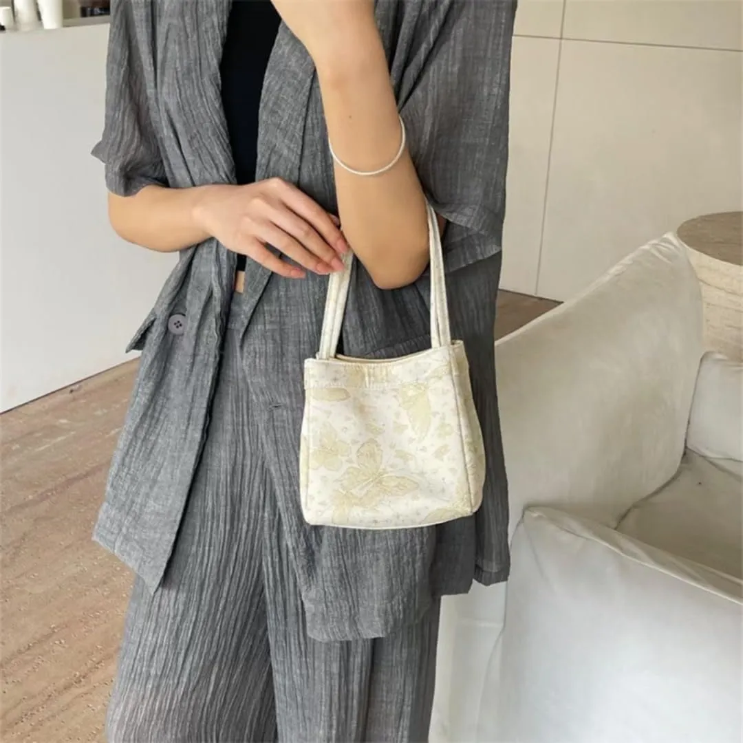 Womens Silk Soft Bucket Bag Neo Chinese Style Handbag Crossbody Satchel Lady Daily Small Shoulder Bag