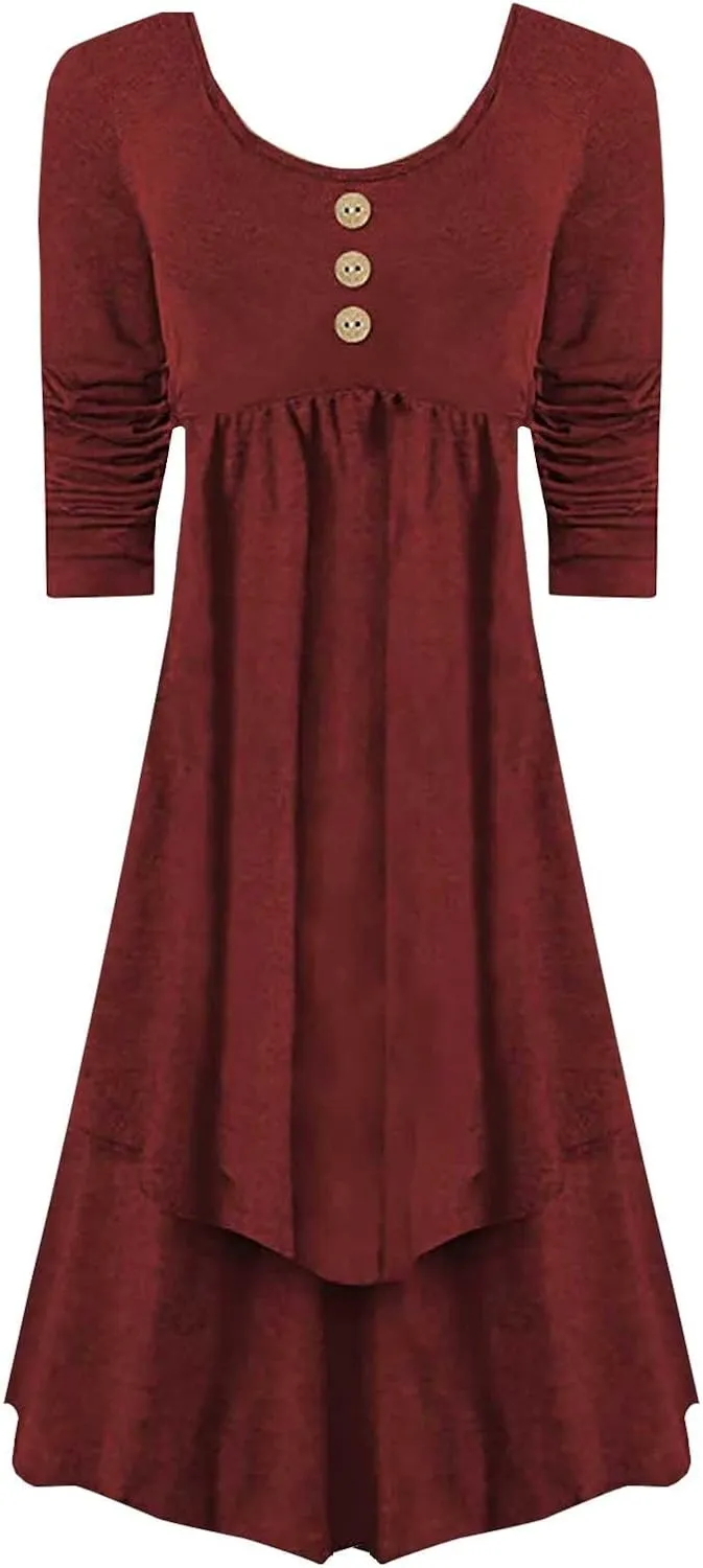 Womens Smocked Crewneck Button Up Long Sleeve Empire Waist A-Line Mini Dress 2025 Casual Swing Dresses