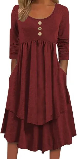 Womens Smocked Crewneck Button Up Long Sleeve Empire Waist A-Line Mini Dress 2025 Casual Swing Dresses