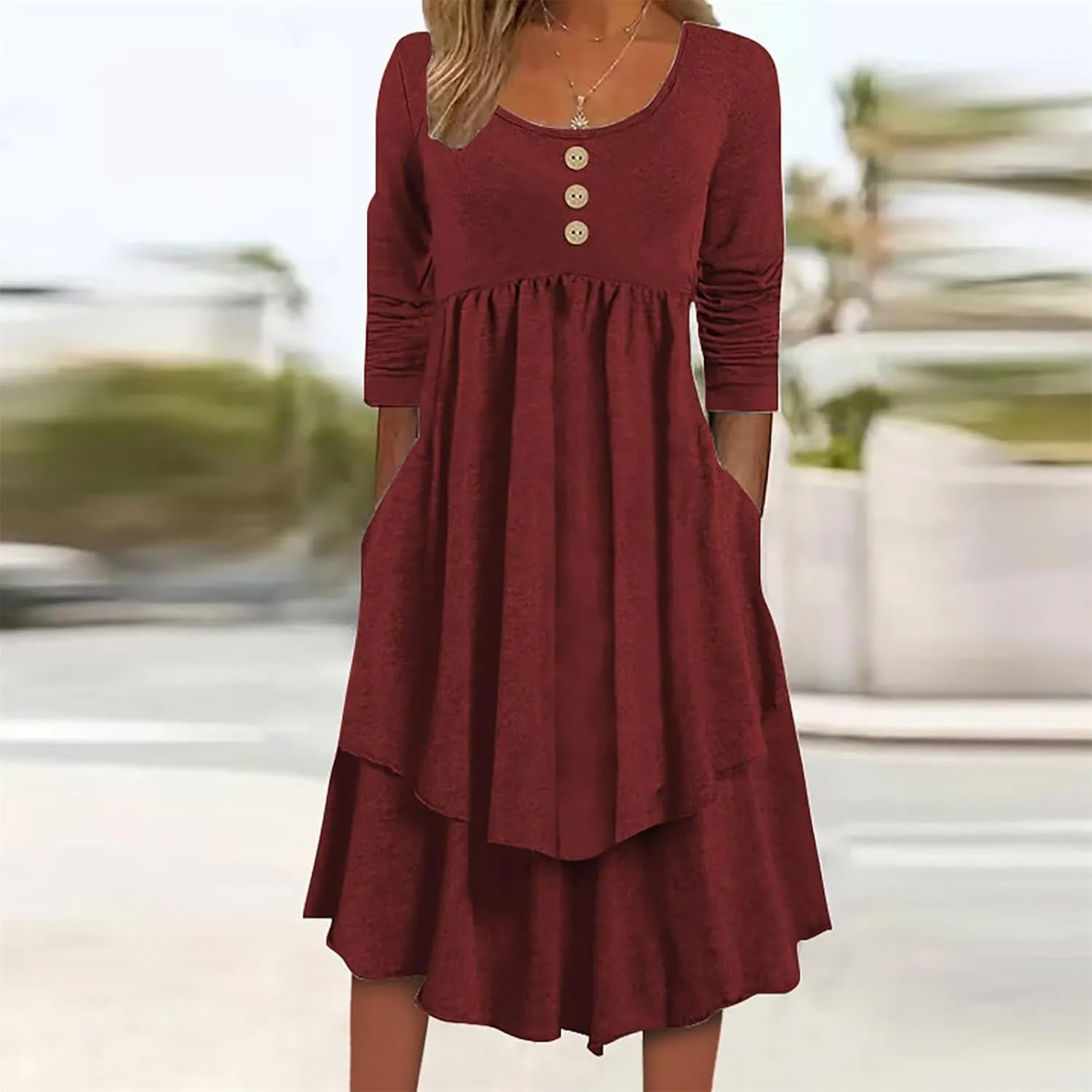 Womens Smocked Crewneck Button Up Long Sleeve Empire Waist A-Line Mini Dress 2025 Casual Swing Dresses