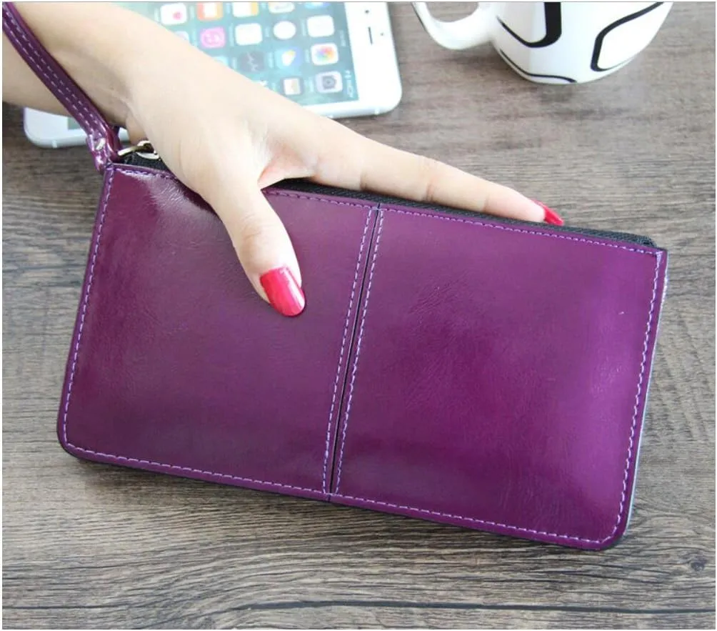 Women's Solid Color PU Leather Wristlet Clutches Purse Wallet Credit ID Cards Holder