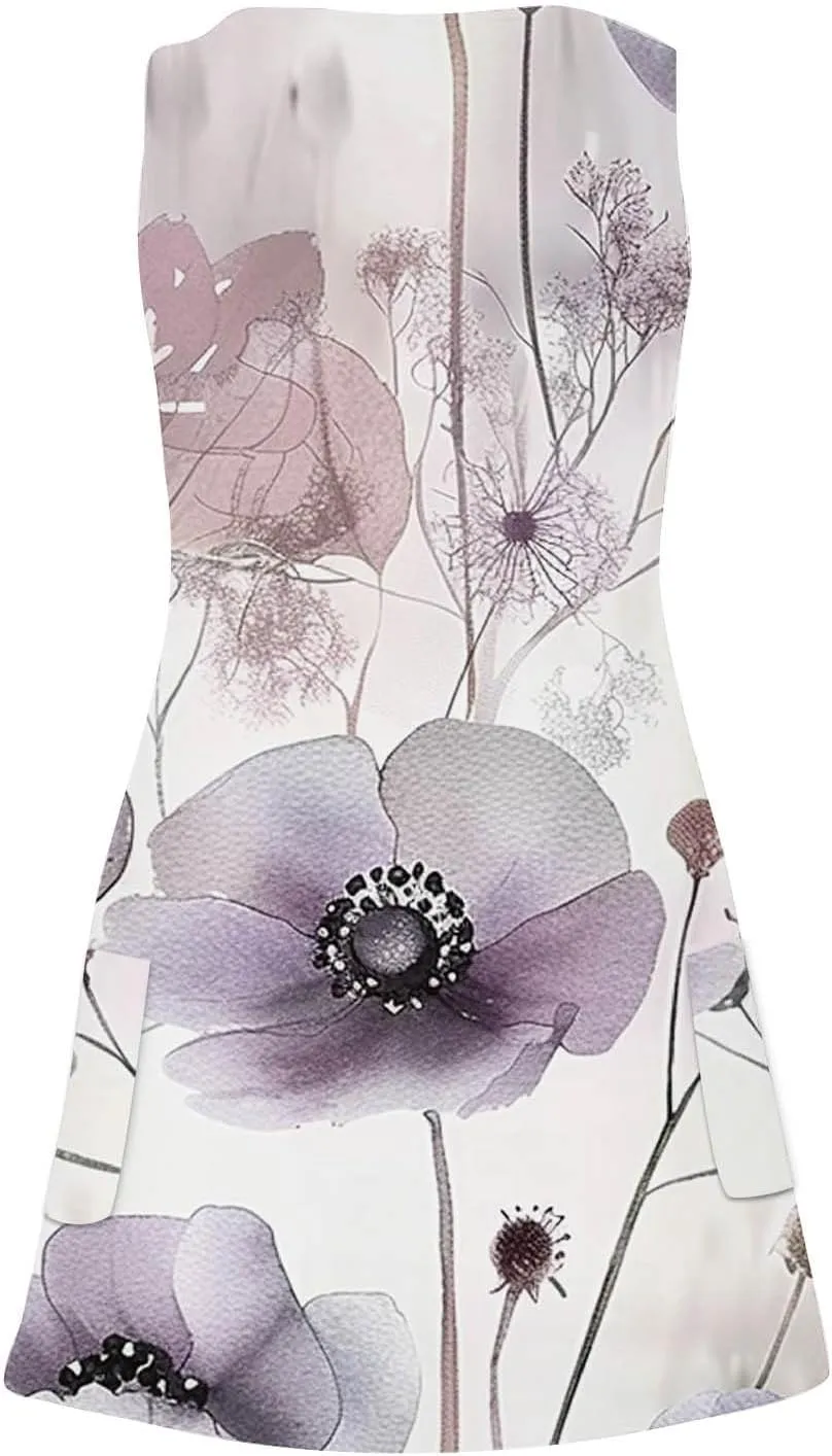Women's Summer Beach Dress Casual Sleeveless Tank Dress Fashion Floral Print Dress V-Neck Mini Dresses Sundresses