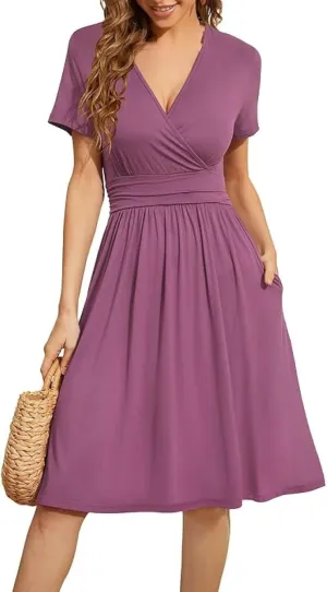 Womens Summer Dress for Women 2025 Casual Floral Short Sundress Short Sleeve Wrap Deep V Neck Fashion A Line Dresses