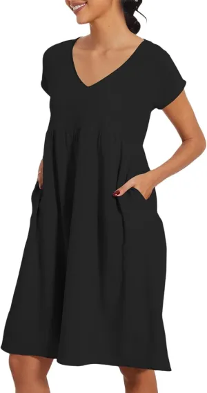 Women's Summer Dresses 2025 Beach Casual Deep V Neck Loose Short Sleeve Mini Sundress with Pockets