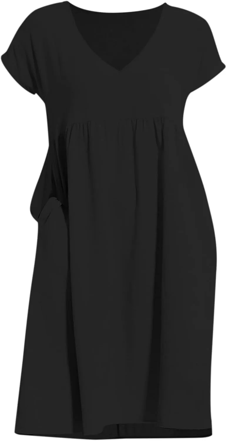 Women's Summer Dresses 2025 Beach Casual Deep V Neck Loose Short Sleeve Mini Sundress with Pockets