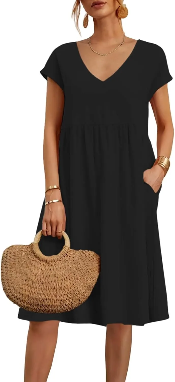 Women's Summer Dresses 2025 Beach Casual Deep V Neck Loose Short Sleeve Mini Sundress with Pockets
