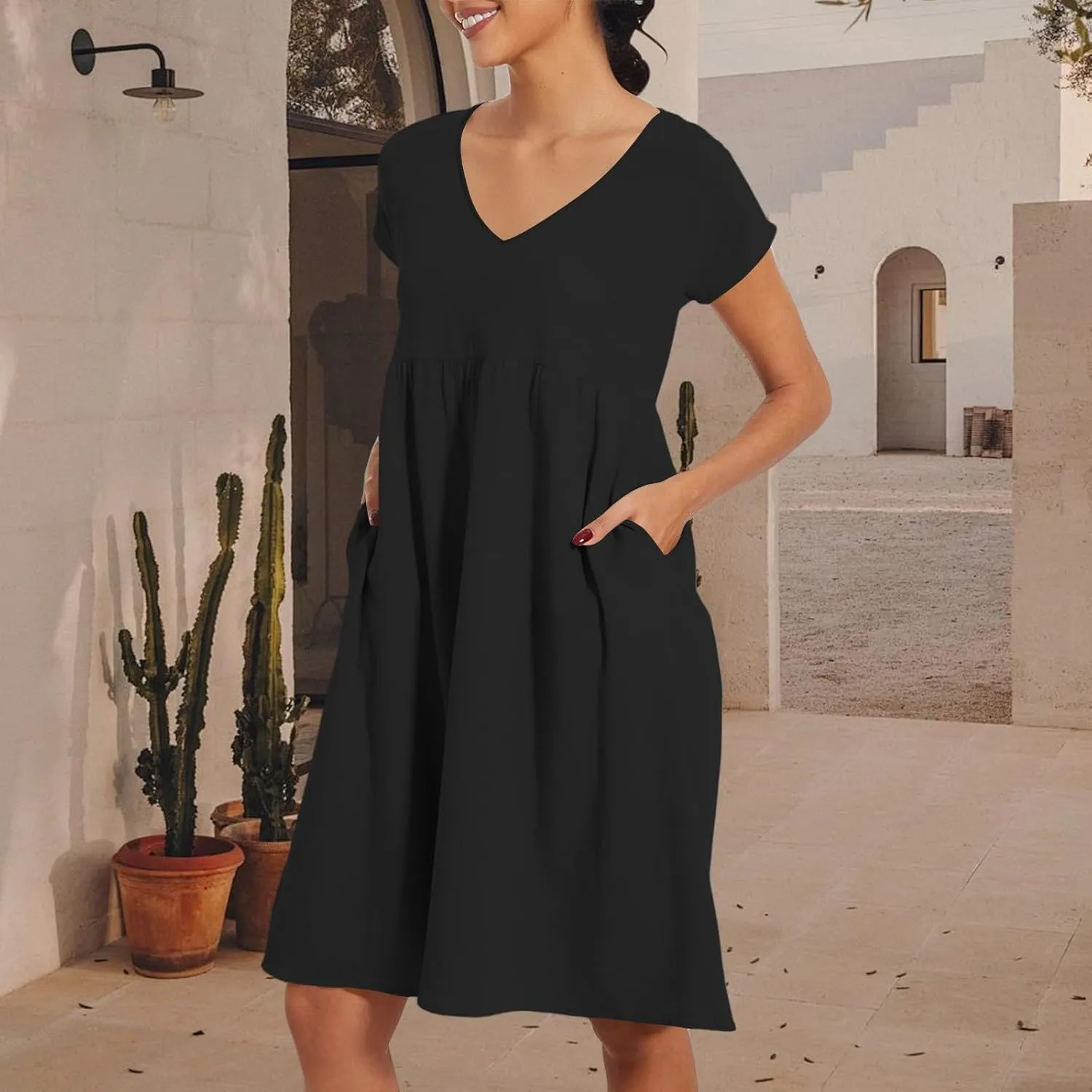 Women's Summer Dresses 2025 Beach Casual Deep V Neck Loose Short Sleeve Mini Sundress with Pockets