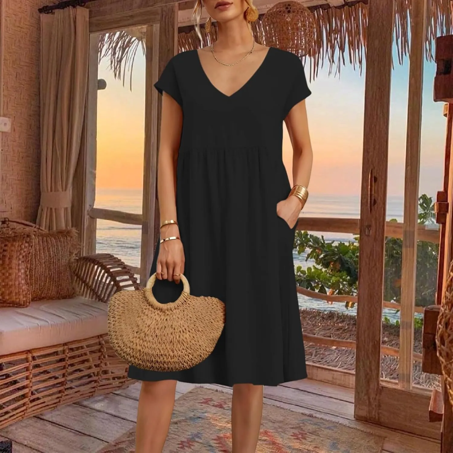 Women's Summer Dresses 2025 Beach Casual Deep V Neck Loose Short Sleeve Mini Sundress with Pockets