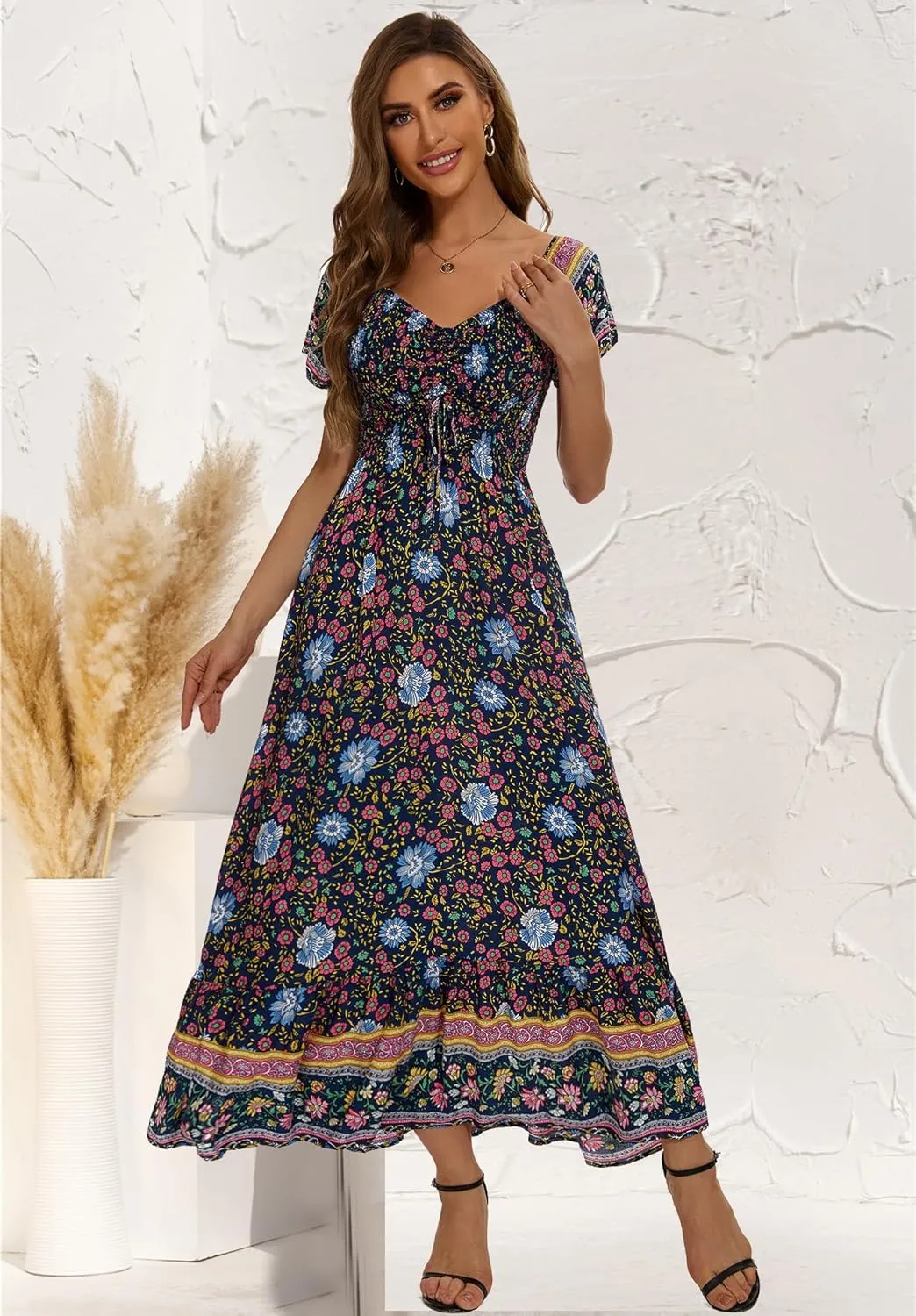 Women's Summer Floral Maxi Dress Casual Short Sleeve Flowy Boho Beach Party Long Dress