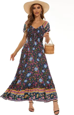 Women's Summer Floral Maxi Dress Casual Short Sleeve Flowy Boho Beach Party Long Dress