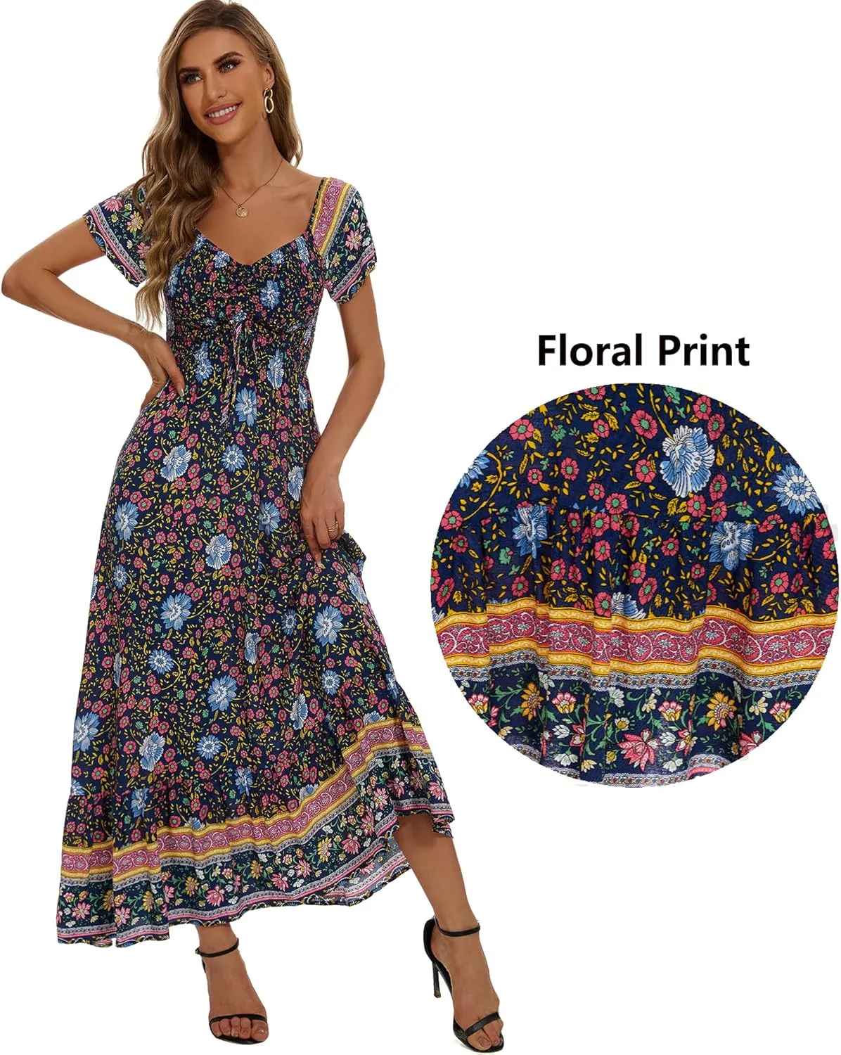 Women's Summer Floral Maxi Dress Casual Short Sleeve Flowy Boho Beach Party Long Dress