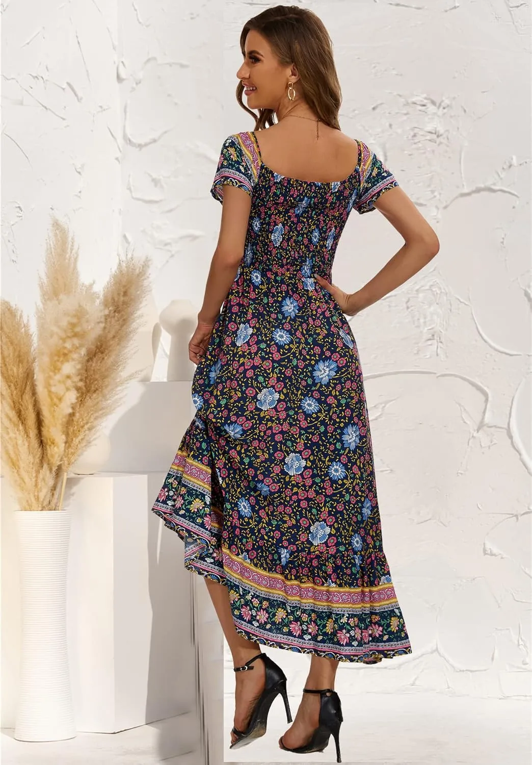 Women's Summer Floral Maxi Dress Casual Short Sleeve Flowy Boho Beach Party Long Dress