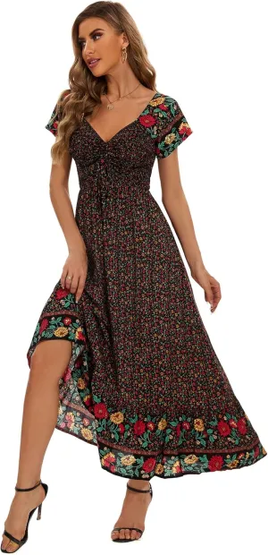 Women's Summer Floral Maxi Dress Casual Short Sleeve Flowy Boho Beach Party Long Dress