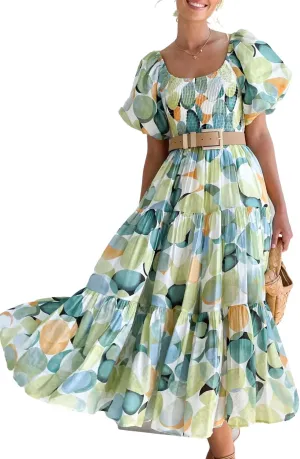 Women's Summer Floral Off Shoulder Dress Square Neck Puff Sleeve Midi Dress High Waist Flowy A Line Beach Party Dress