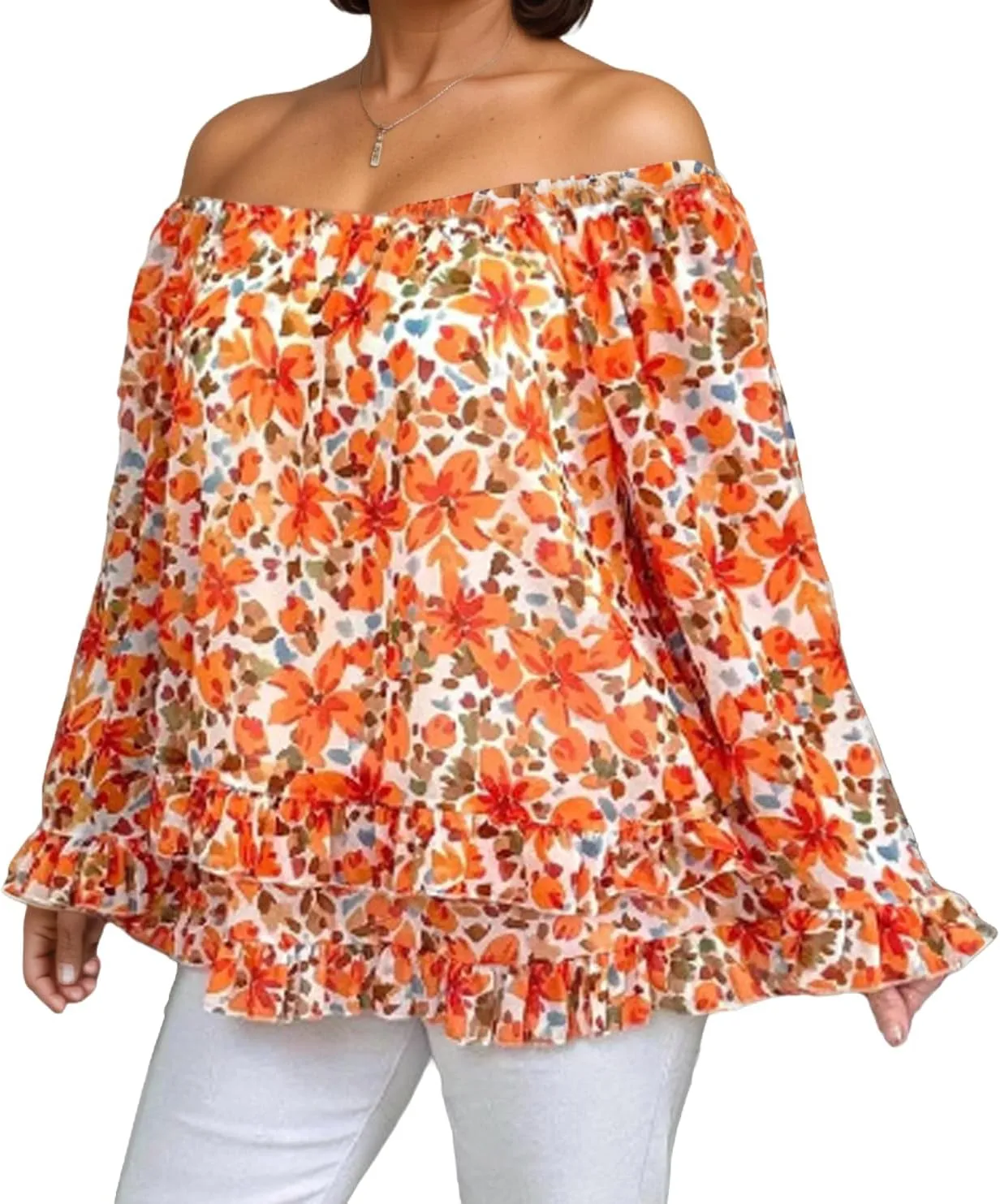 Women's Summer Off Shoulder Tops Ruffled Long Sleeve Boho Floral Print Blouse Shirts Blouses