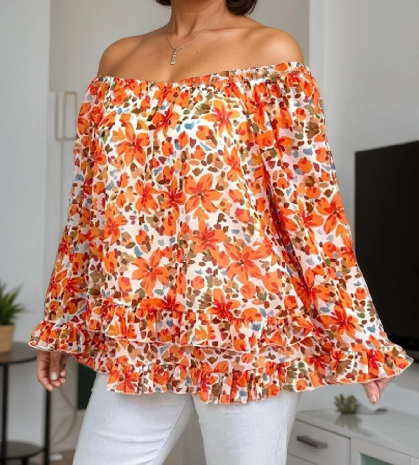 Women's Summer Off Shoulder Tops Ruffled Long Sleeve Boho Floral Print Blouse Shirts Blouses