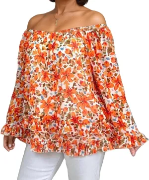 Women's Summer Off Shoulder Tops Ruffled Long Sleeve Boho Floral Print Blouse Shirts Blouses