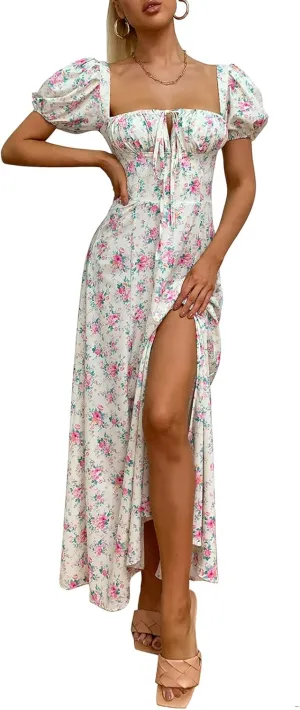 Women's Summer Puff Sleeve Floral Split Maxi Dress Flowy A Line Casual Beach Long Dresses 2025