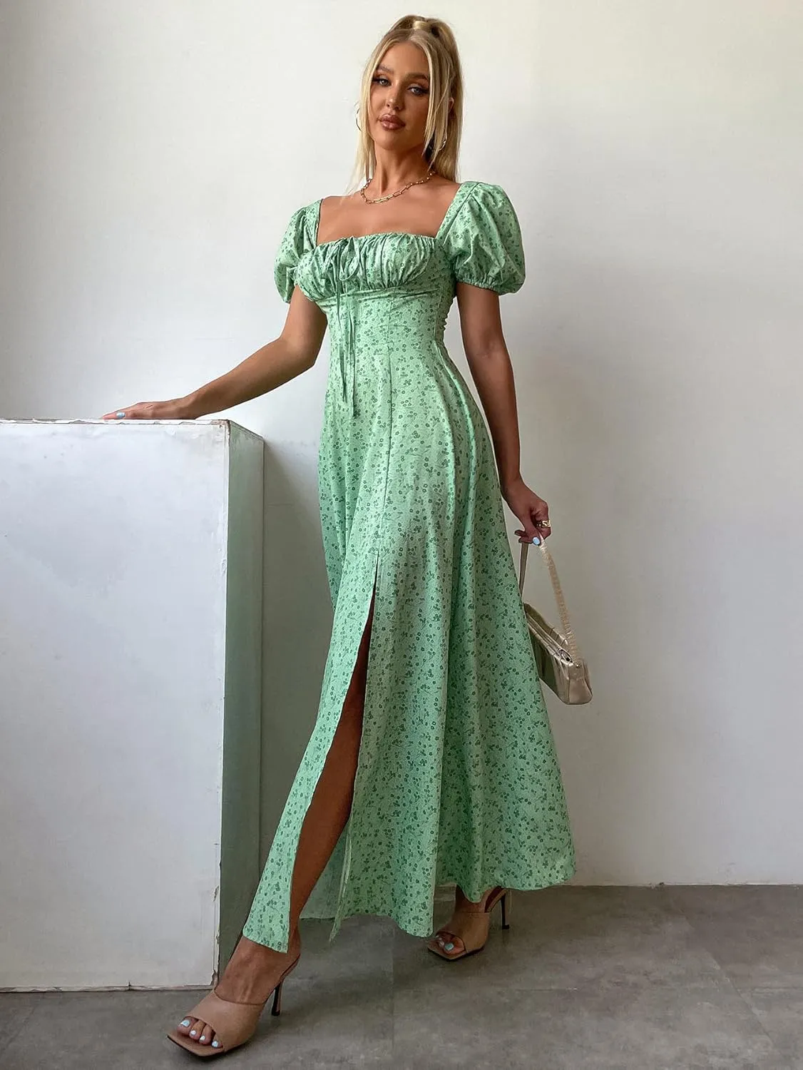 Women's Summer Puff Sleeve Floral Split Maxi Dress Flowy A Line Casual Beach Long Dresses 2025